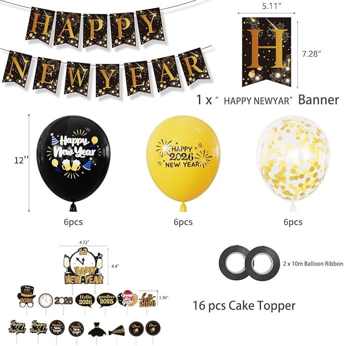 Happy New Year Party Decorations Black & Gold Balloons Happy New