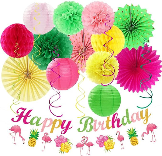 Hawaiian Luau Birthday Party Decorations Supplies 21pcs Happy Banner