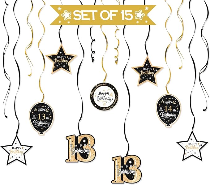 Happy 13th Birthday Black & Gold Balloon Set 13th Birthday Swirls