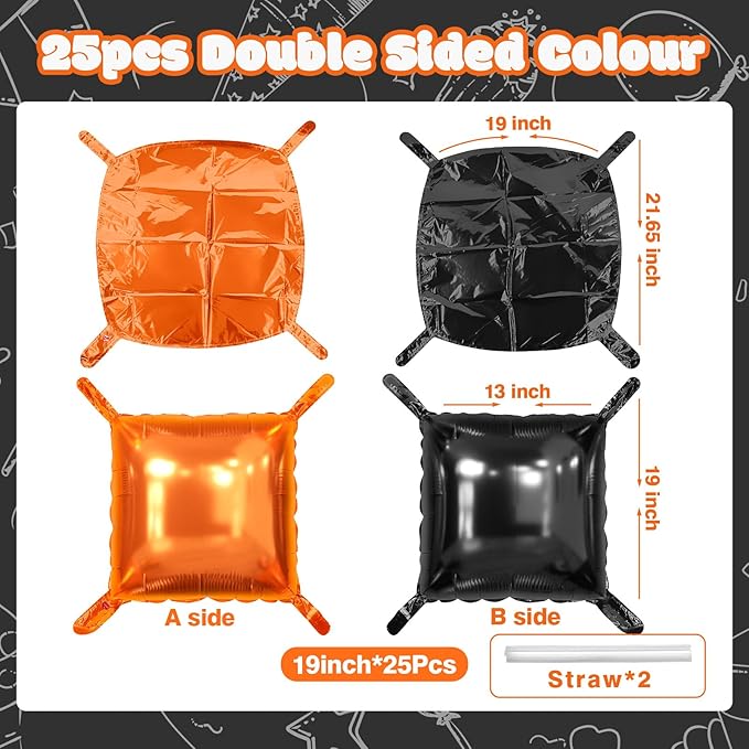 25PCS Halloween Black Orange Square Foil Balloons Wall Backdrop