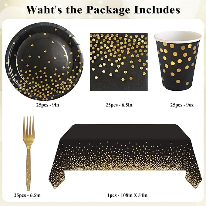 Black and Gold Party Supplies Includes 9" Paper Plates and Napkins