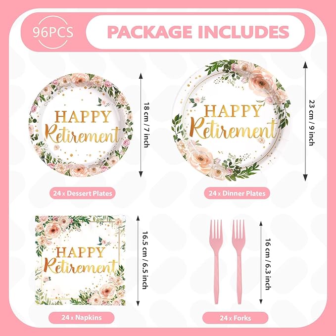 96Pcs Wildflower Retirement Party Decorations for Women Pink Gold