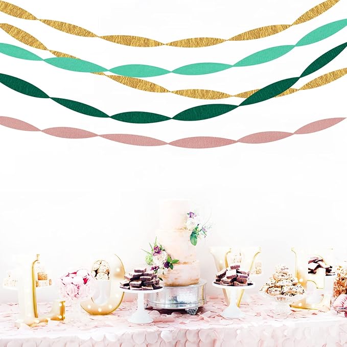 Sage-Green Pink-Gold Crepe Paper Streamers - 8 Rolls Green Party