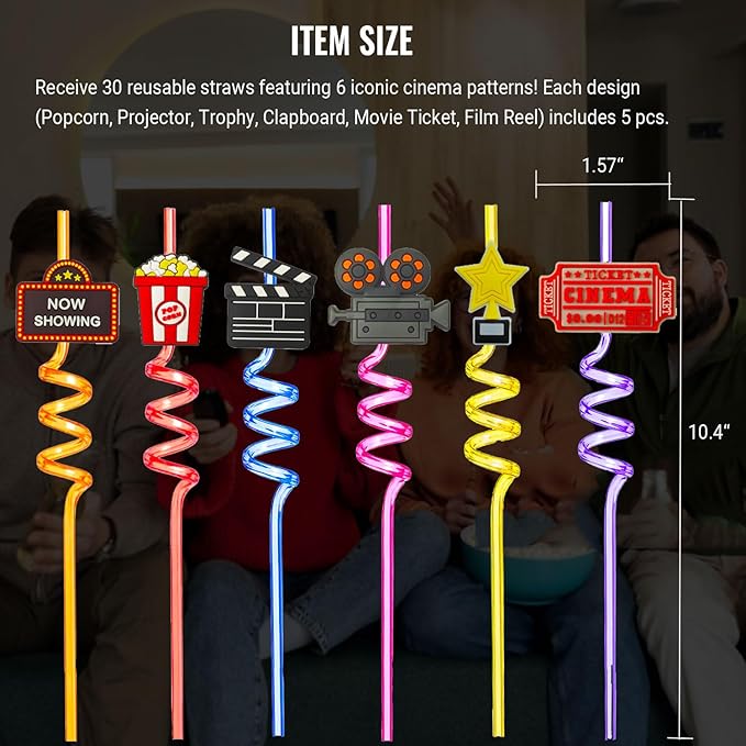 Movie Night Supplies 30 Pack Drinking Straws Bendable Movie Theme