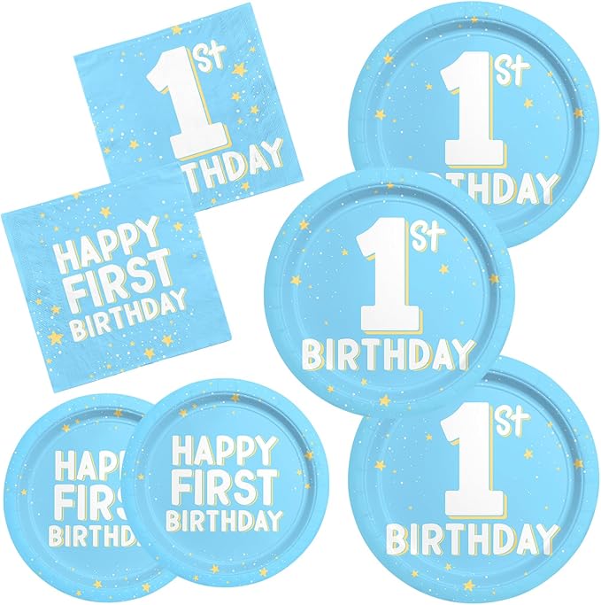 1st Birthday Decorations Boy Baby Blue Party Supplies Kit for 16