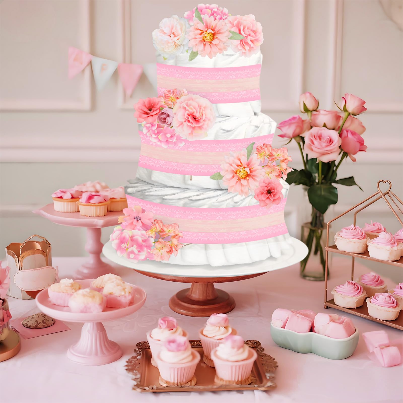 Cheerupp Pink Floral Theme Diaper Cake Decorations for Baby Shower