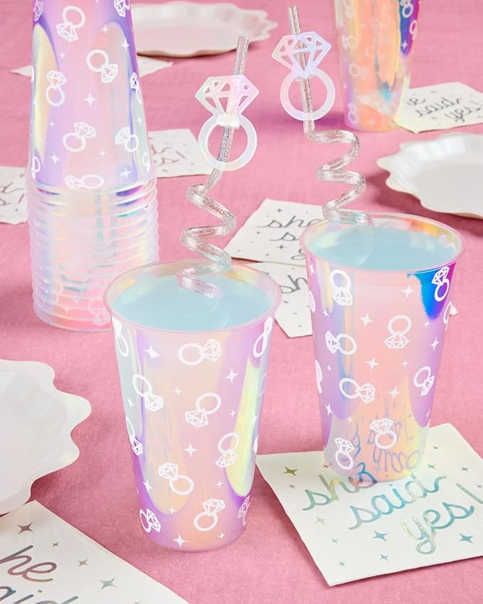 xo Fetti Iridescent Engagement Ring Plastic Cups 16 pcs 16 oz