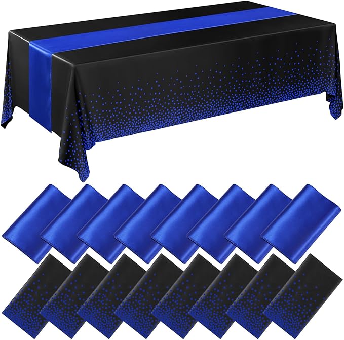 Breling 16 Pack Black and Blue Disposable Plastic Tablecloths and