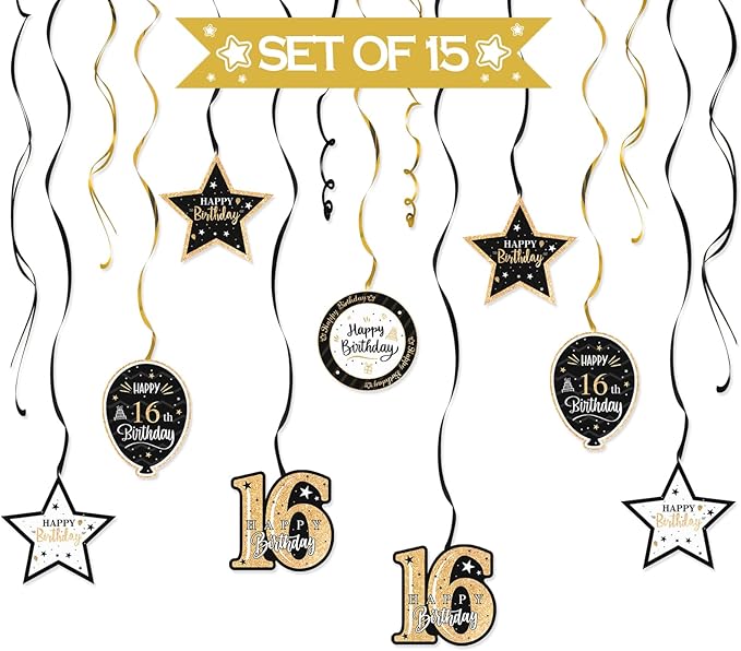 Happy 16th Birthday Black & Gold Balloon Set 16th Birthday Swirls