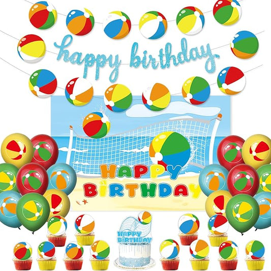 Beach Ball Birthday Party Decorations Includes Banner Cake Topper