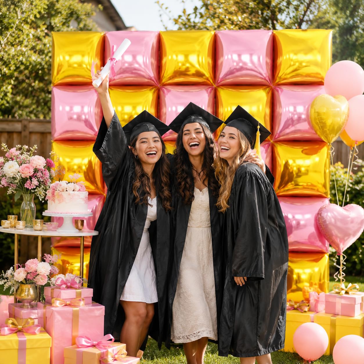 Pearl Pink and Gold Square Foil Balloon Wall,19 Inches Double Sided