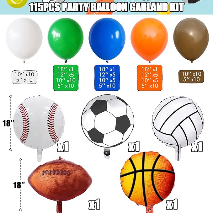 Sports Balloon Arch Garland Kit 115Pcs Sports Party Baseball Soccer