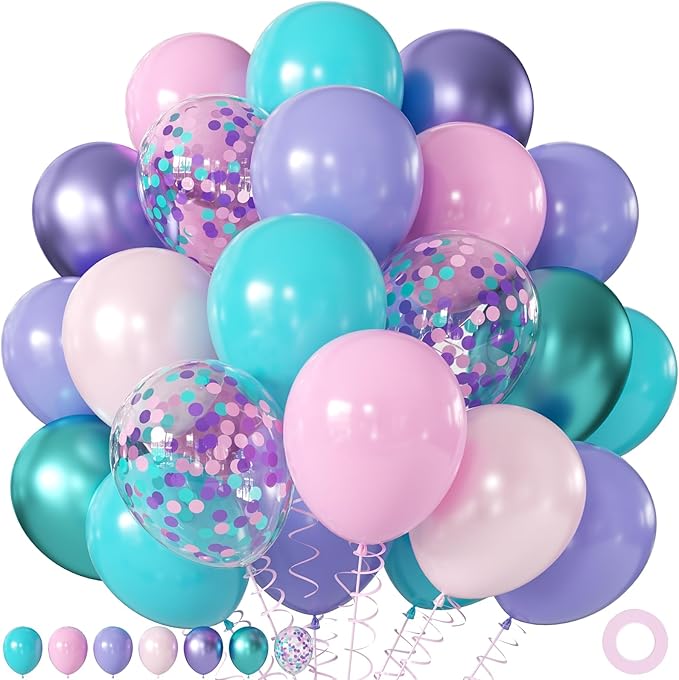 Mermaid Balloons, 60Pcs 12inch Metallic Purple Pink Blue Balloons