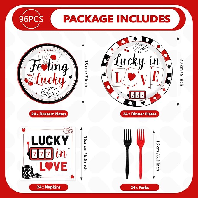 96 Pcs Casino Party Decorations Lucky In Love Plates and Napkins