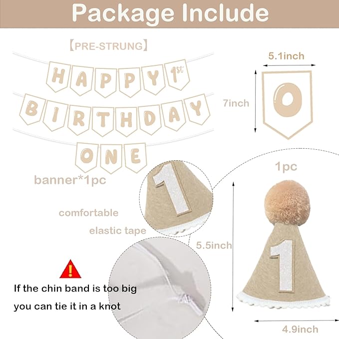 Beige Pre Strung Happy 1st Birthday Banner and One Birthday Hat for