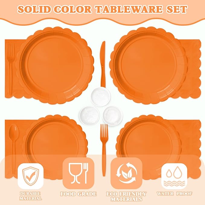 Vyntra 350 Pcs Orange Disposable Paper Plates and Napkins Set for 50,