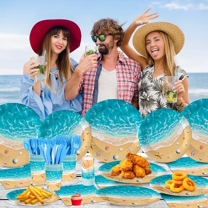 140Pcs Beach Party Supplies Ocean Waves Tableware Set Summer Beach