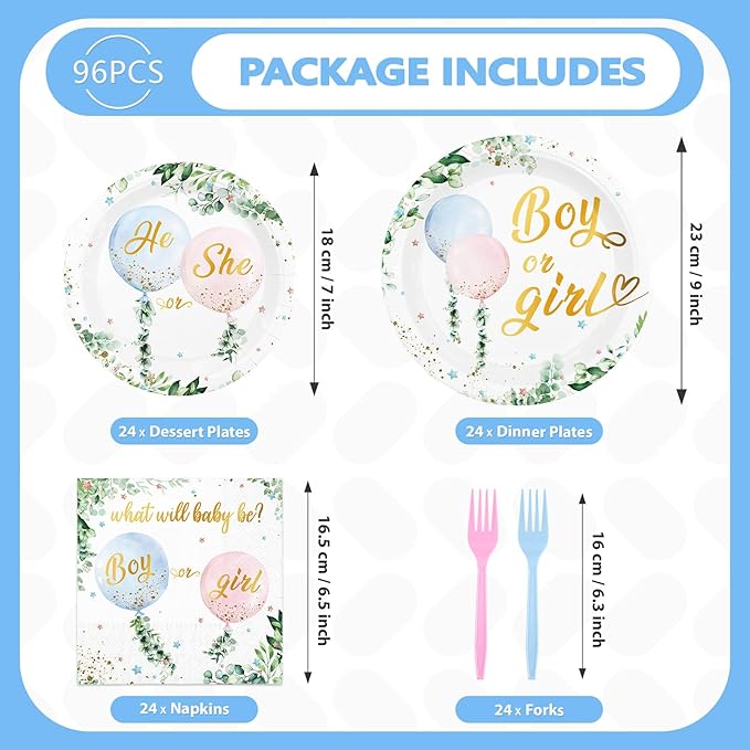 96 Pcs Baby Gender Reveal Party Supplies Balloon Baby Shower Plates
