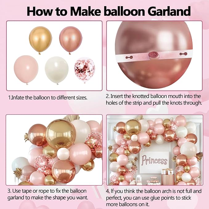 Rose Gold Pink Balloon Arch Kit, Double Stuffed Pearl White Rose Gold
