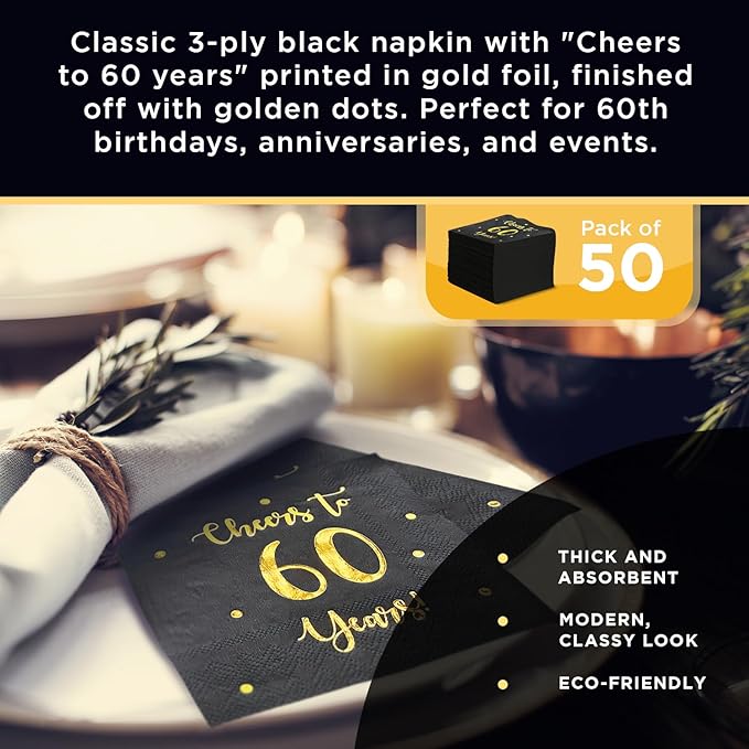 Cheers to 60 Years Cocktail Napkins | Happy 60th Birthday Decorations