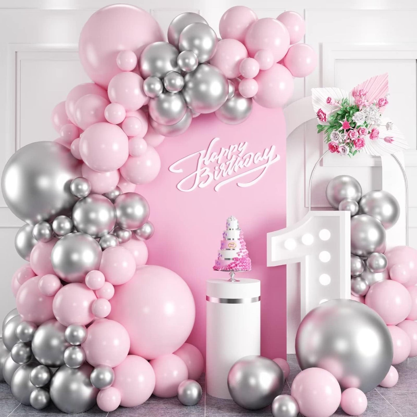 Pink and Silver Balloon Arch Kit, Metallic Silver Macaron Pink Balloon