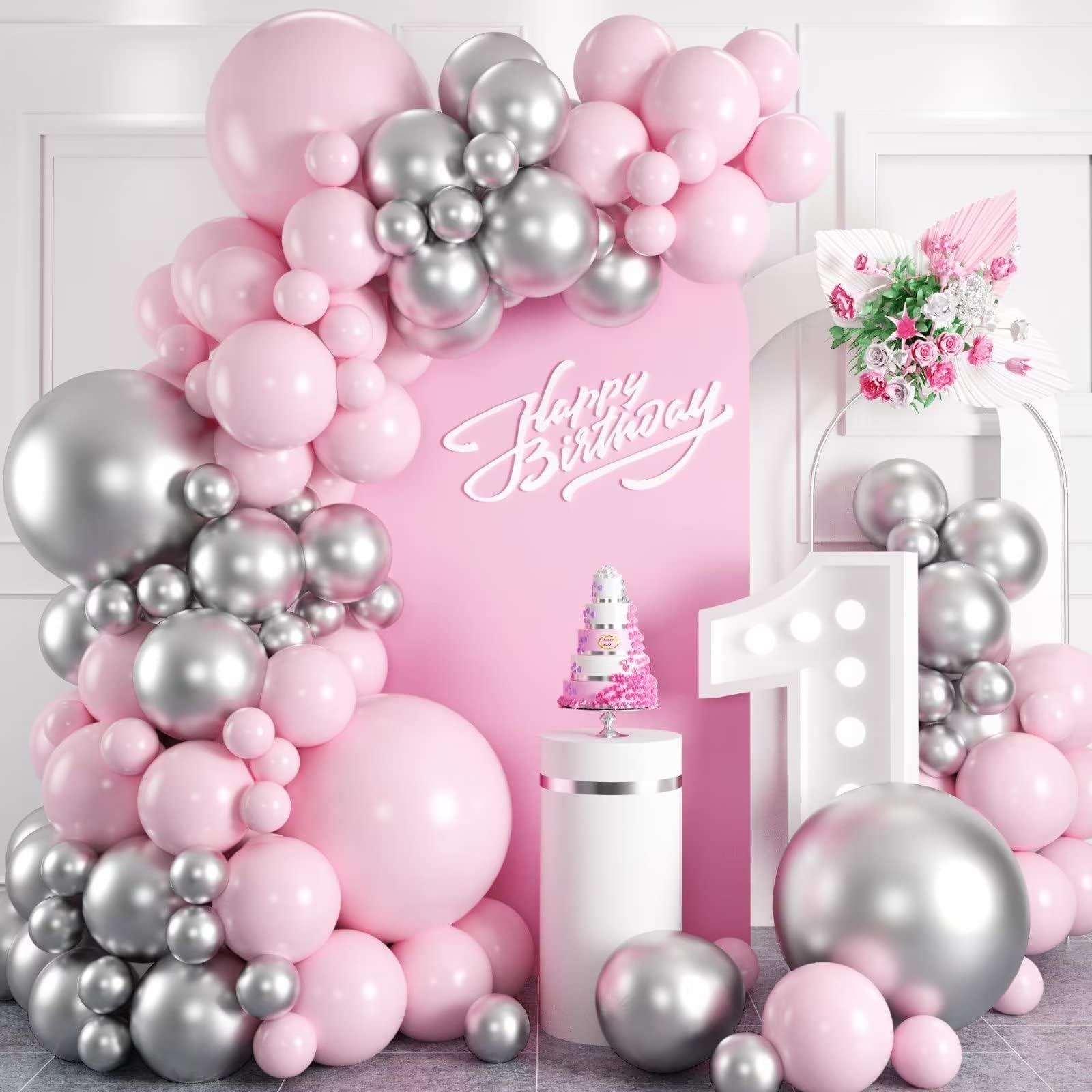 Pink and Silver Balloon Arch Kit, Metallic Silver Macaron Pink Balloon