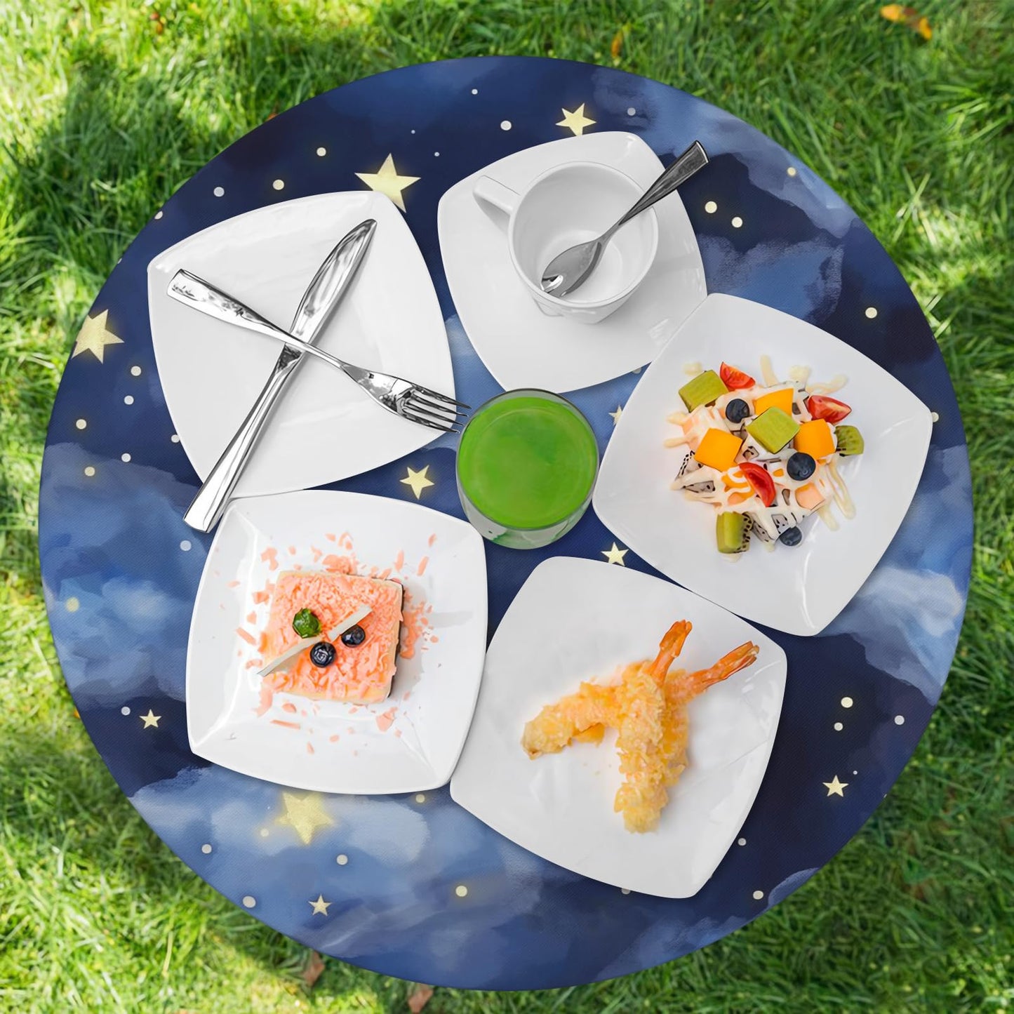 Dark Blue Round Tablecloth 48-52 inch, Stars Clouds Fitted Table Cloth