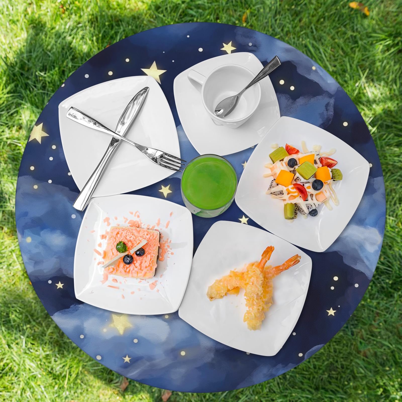 Dark Blue Round Tablecloth 48-52 inch, Stars Clouds Fitted Table Cloth