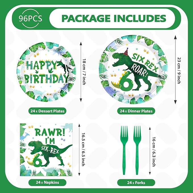 96 Pcs Dinosaur 6th Birthday Decorations Dino Plates and Napkins 6