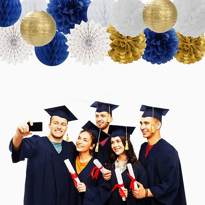 Navy-Blue White Gold Party Decorations - 14pcs Kits Paper Lanterns