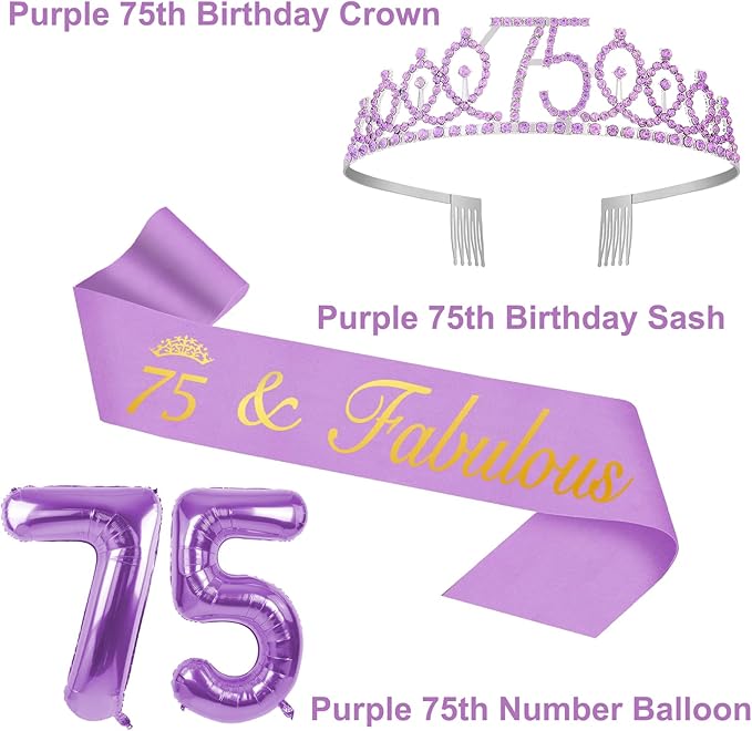 75th Birthday Decorations for Women Purple with 75th Birthday Sash
