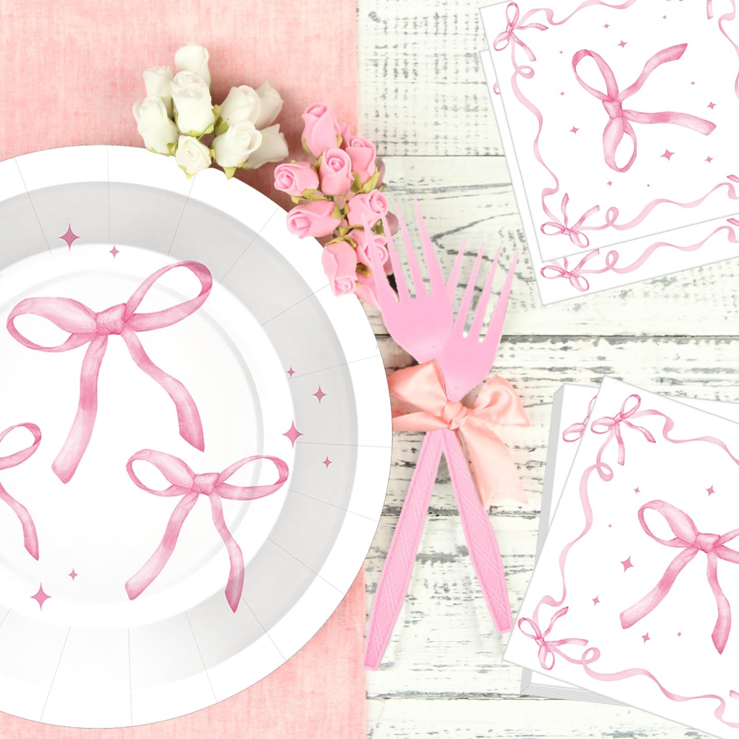 100 Pcs Pink Ribbon Bow Party Supplies Set, Serves 25 – Disposable