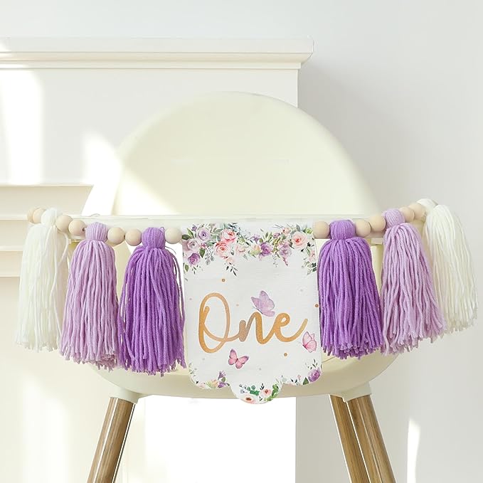 Handmade Butterfly Flower 1st Birthday High Chair Banner Purple