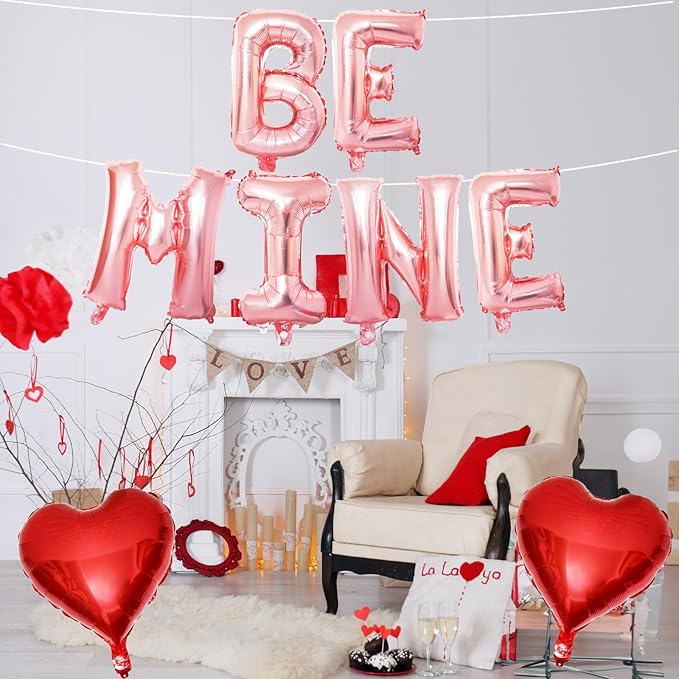 Valentines Day Balloons Decoration Rose Be Mine and Red Heart Letter