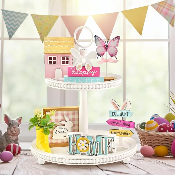 Spring Easter Decorations 8 Pieces Tiered Tray Decor Set Cute