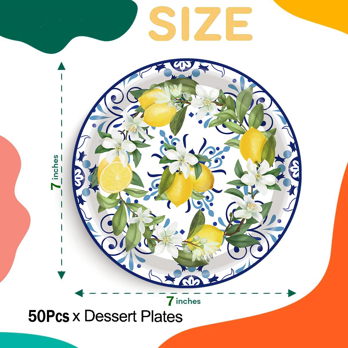 50PCS Capri Lemon Party Supplies7"Lemon Paper Plates Blue Tiles Yellow
