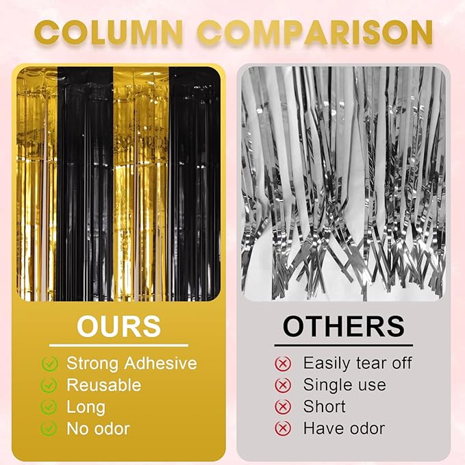 Voircoloria 3 Pack 3.3x8.2 Feet Black and Gold Foil Fringe Backdrop