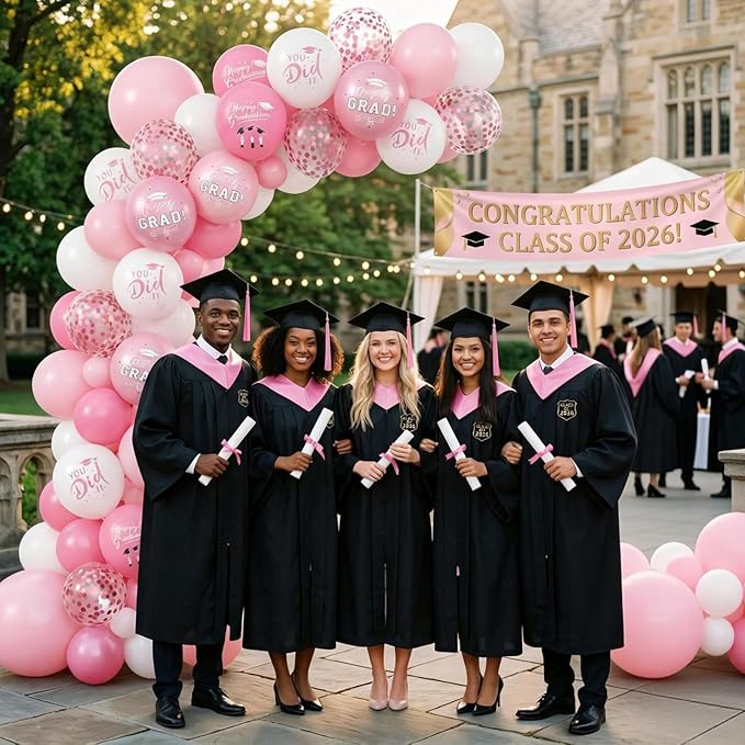 Pink Graduation Balloons,12 Inch Pink and Rose Gold Printed 2026,You