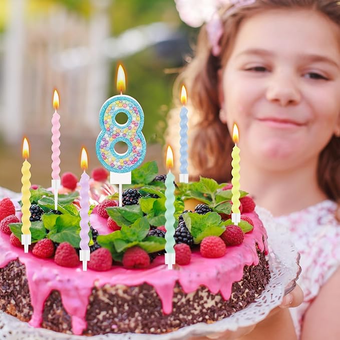 MTLEE Number 8 Birthday Candle with 12 Pcs Spiral Candles for Girls #3