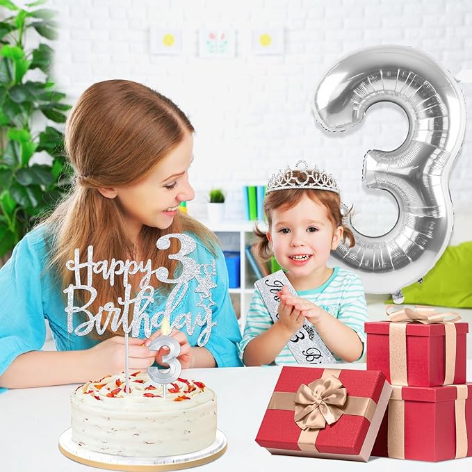 3rd Birthday Decorations for Girls Silver with 3rd Birthday Sash and
