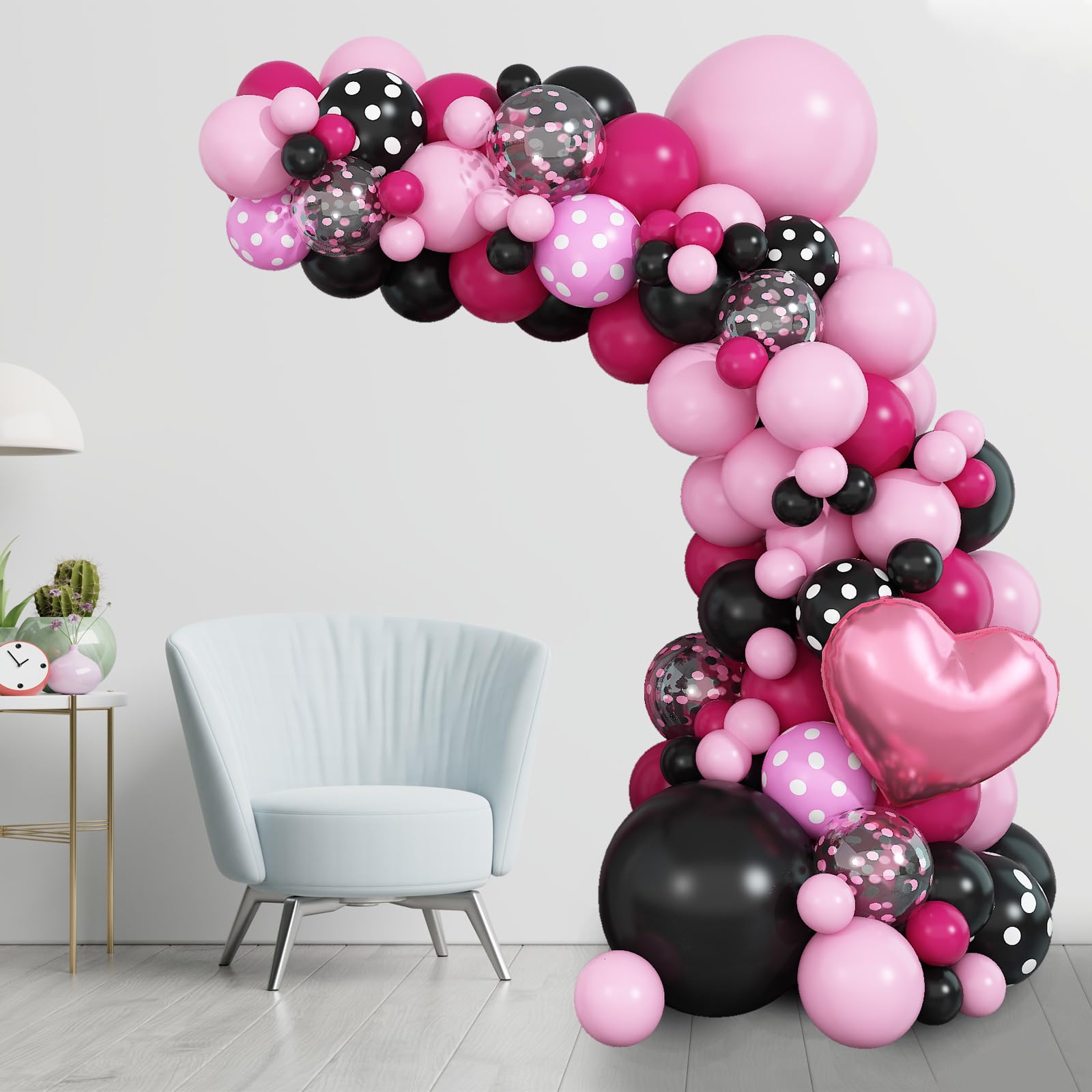 Pink Black Balloon Arch Kit, Pastel Hot Pink Black Dot Balloons