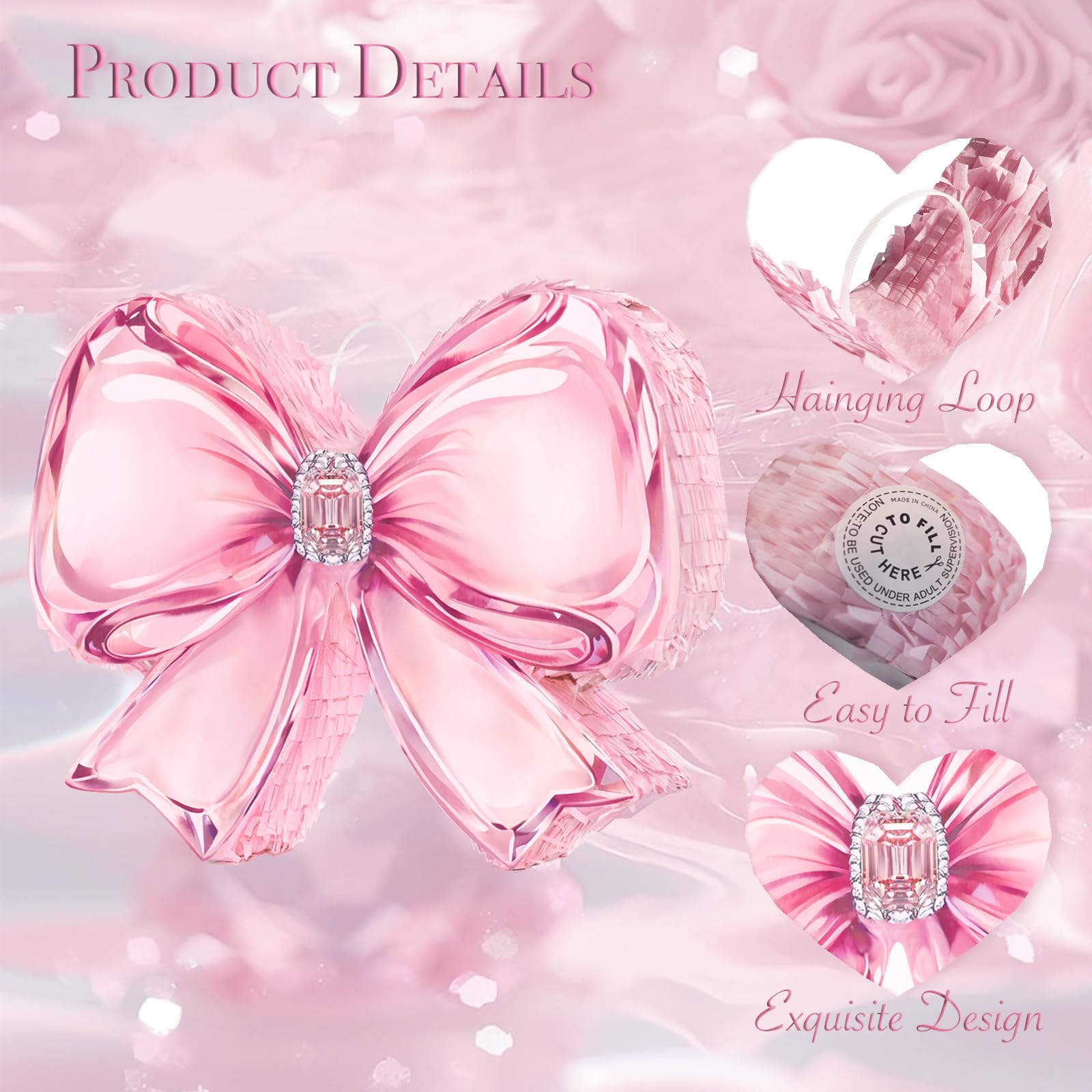 Pink Bow Pinata Set - Coquette Pink Crystal Bow Piñata with Blindfold