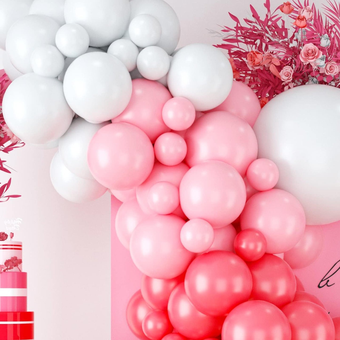 Red Pink Balloon Arch & Garland Kit - White Pink Macaron & Balloons