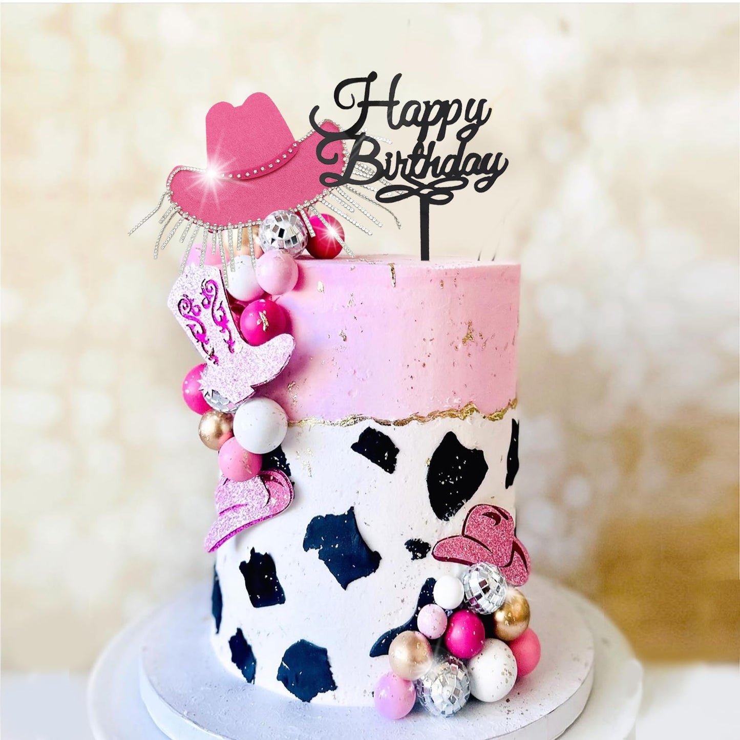 Cowgirl Cake Topper Hot Pink Cake Decoration Shiny Cowgirl Hat Disco