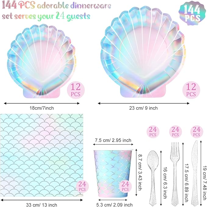 144 Pcs Mermaid Birthday Party Supplies Tableware Includes Mermaids