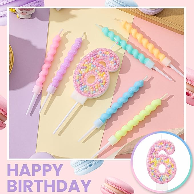 MTLEE Number 6 Birthday Candle with 12 Pcs Spiral Candles for Girls