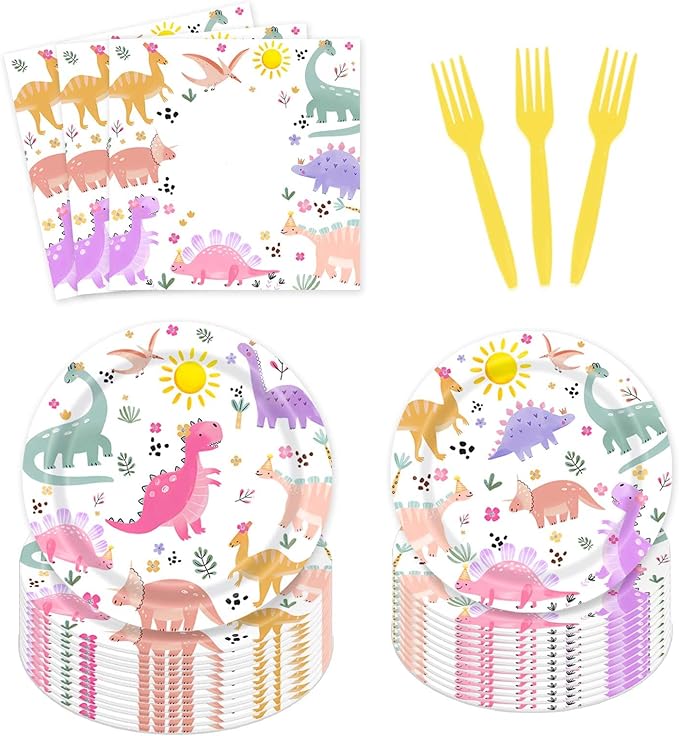 Pastel Dinosaur Plates and Napkins Girl Dino Pink & Purple Three Rex