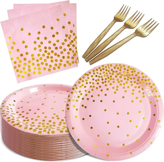 Pink and Gold Party Supplies,Serves 35 Guests Pink Paper Plates and