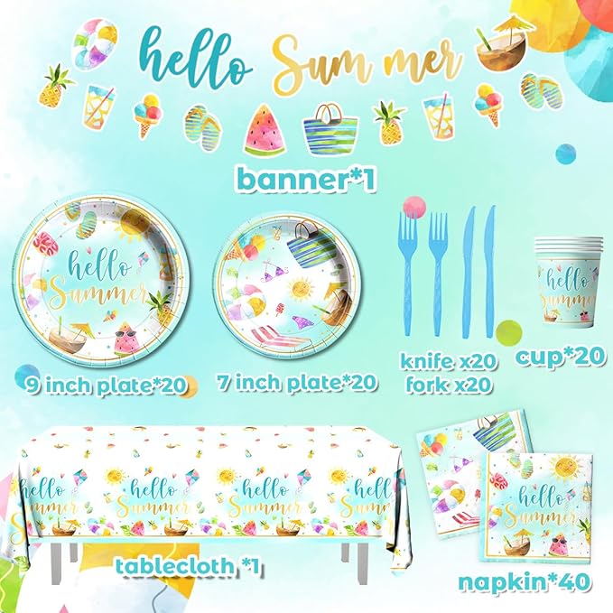 Hello Summer Party Decorations 143Pcs Beach Pool Party Paper Plates