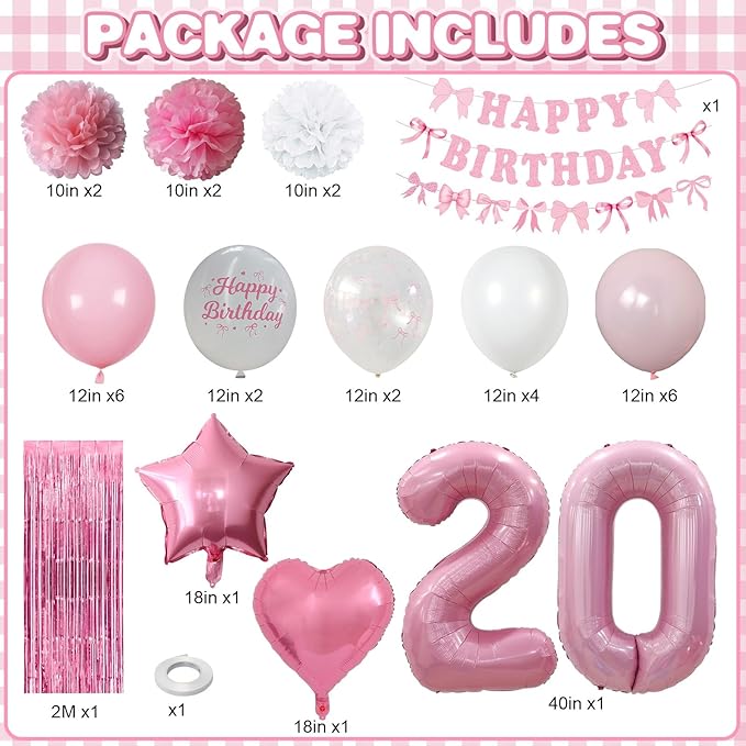 20th Birthday Decorations for Girls Pink Number 20 Balloon Bow